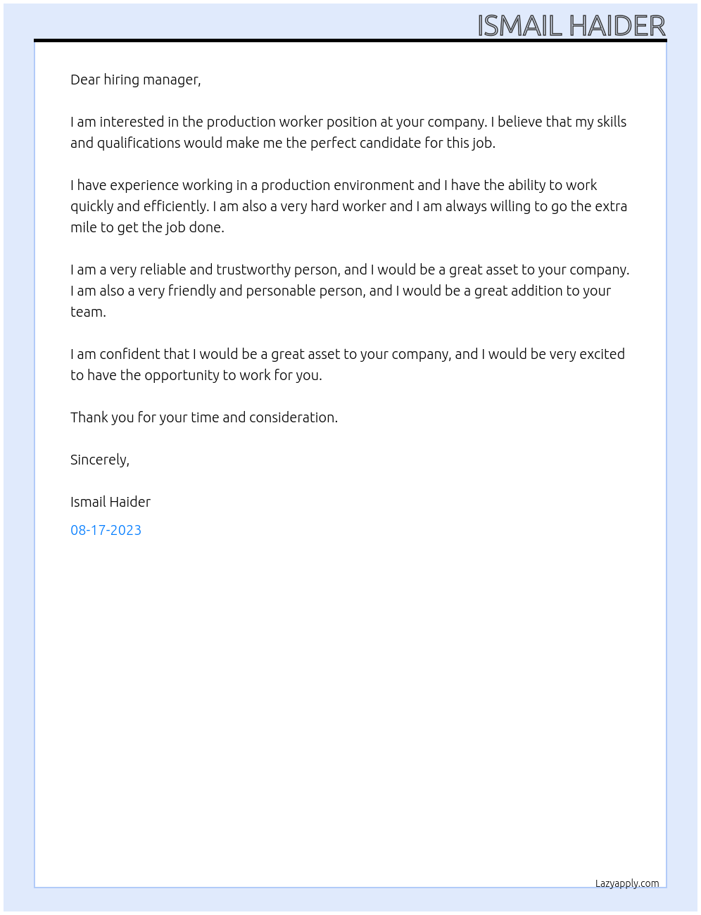 Production worker At . Cover Letter