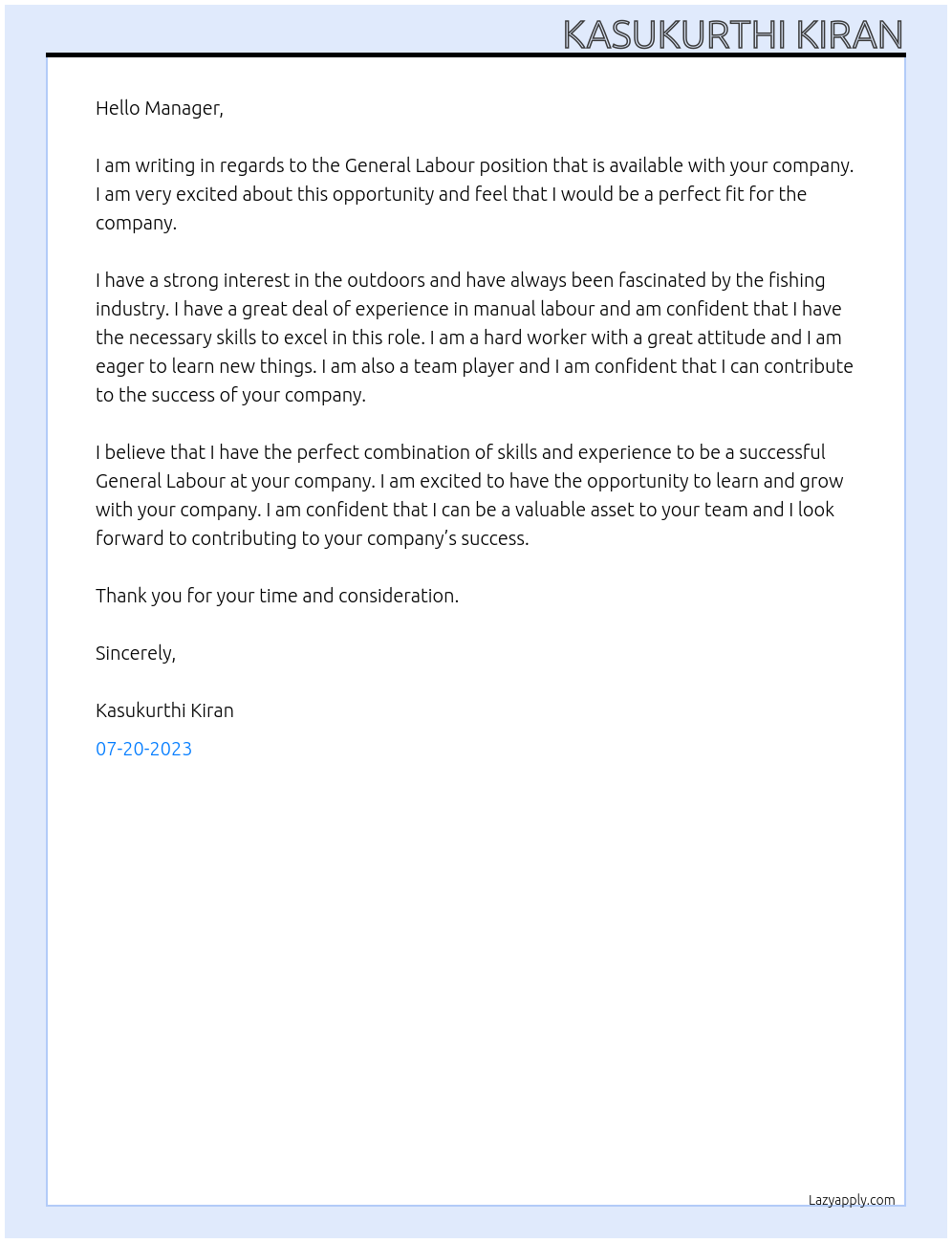 general labour At fishing Cover Letter