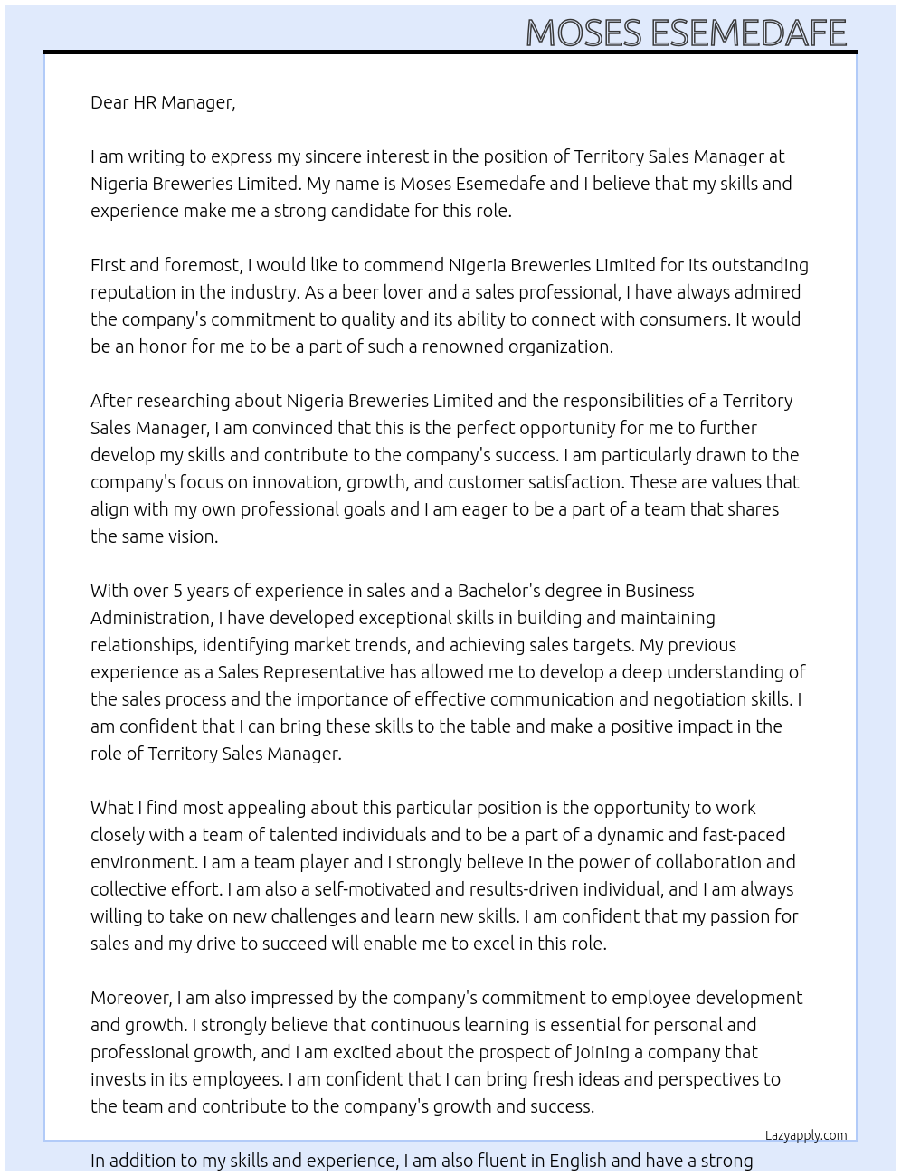 Territory sales manager At Nigeria breweries limited Cover Letter