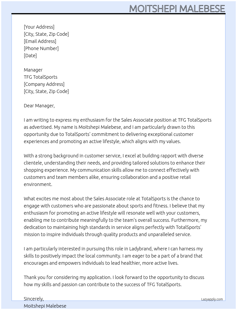 Sales Associate At TFG TotalSports Cover Letter