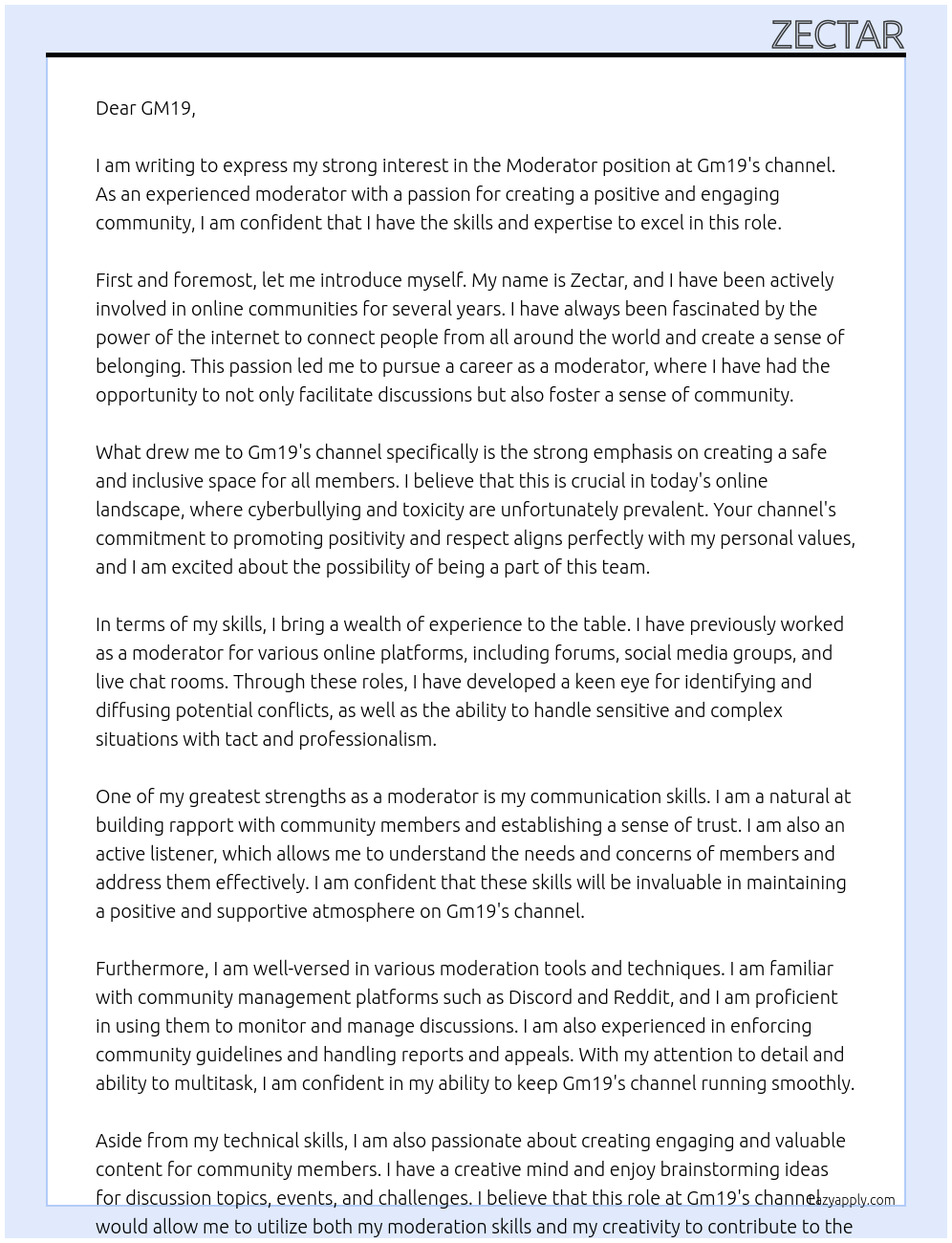 Moderator At Gm19's channel Cover Letter