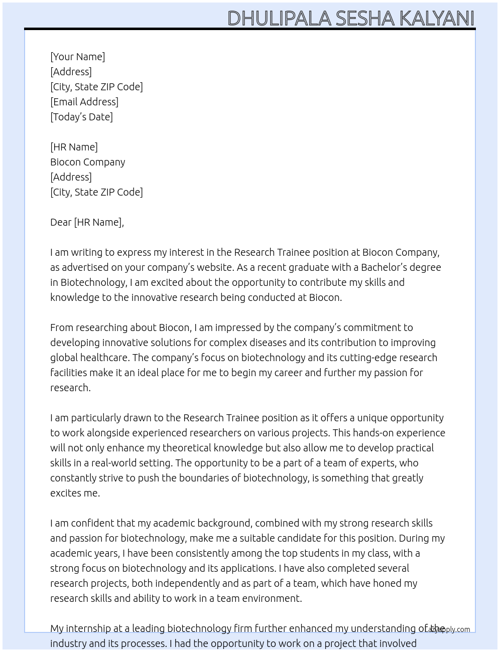 Research trainee At Biocon company Cover Letter