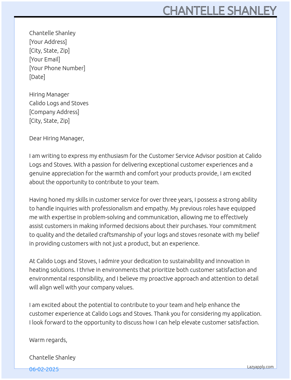 Customer Service Advisor At Calido Logs and Stoves Cover Letter