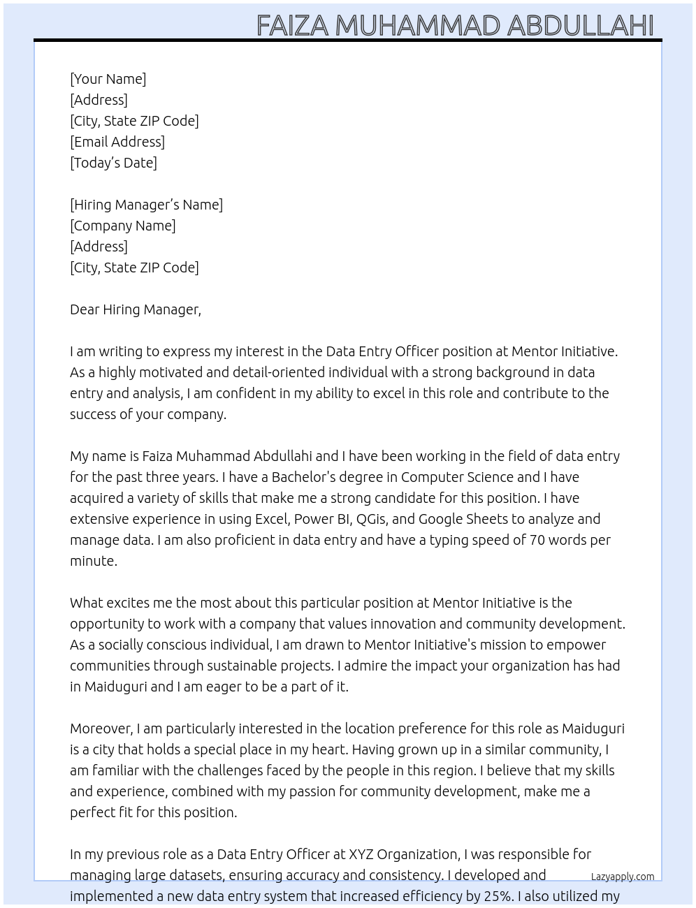 Data Entry officer  At Mentor Initiative  Cover Letter