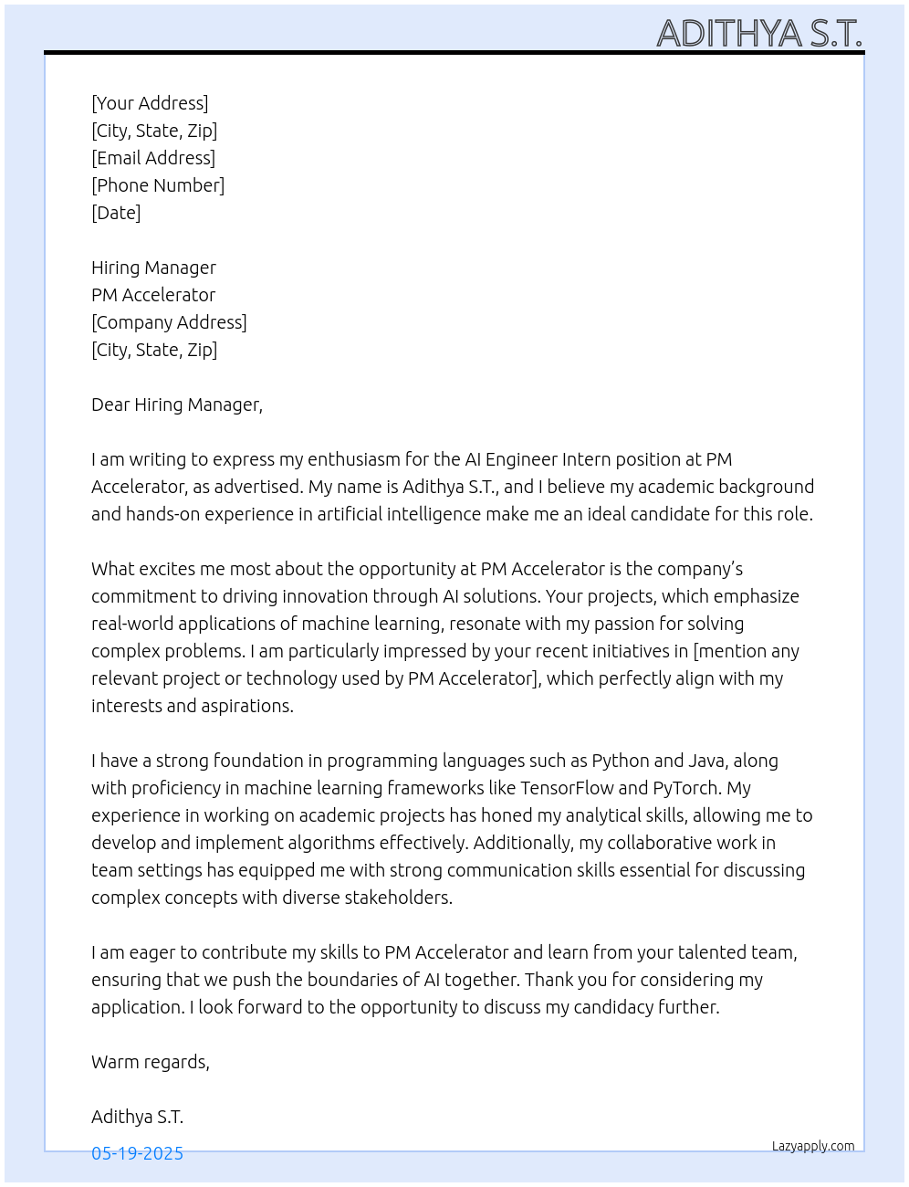 Cover letter for ai engineer intern - LazyApply