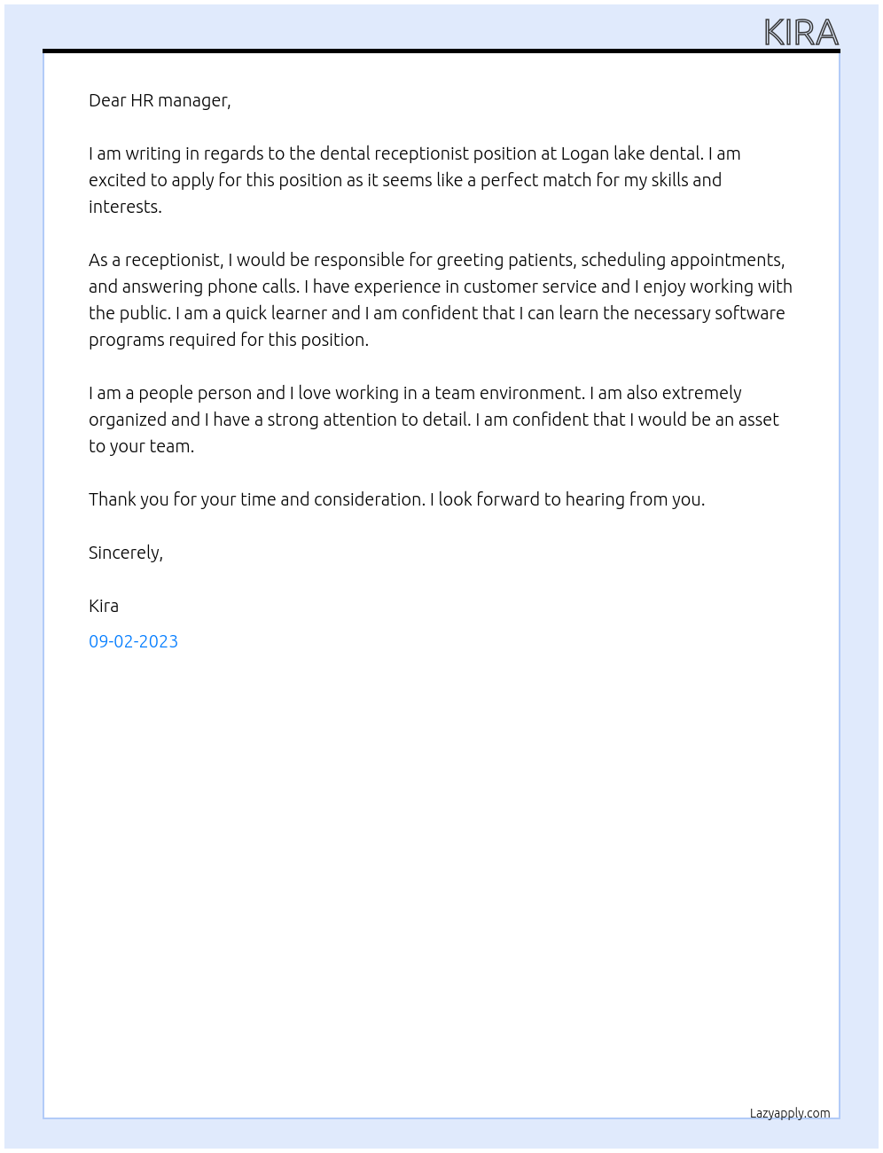 Dental receptionist At Logan lake dental Cover Letter