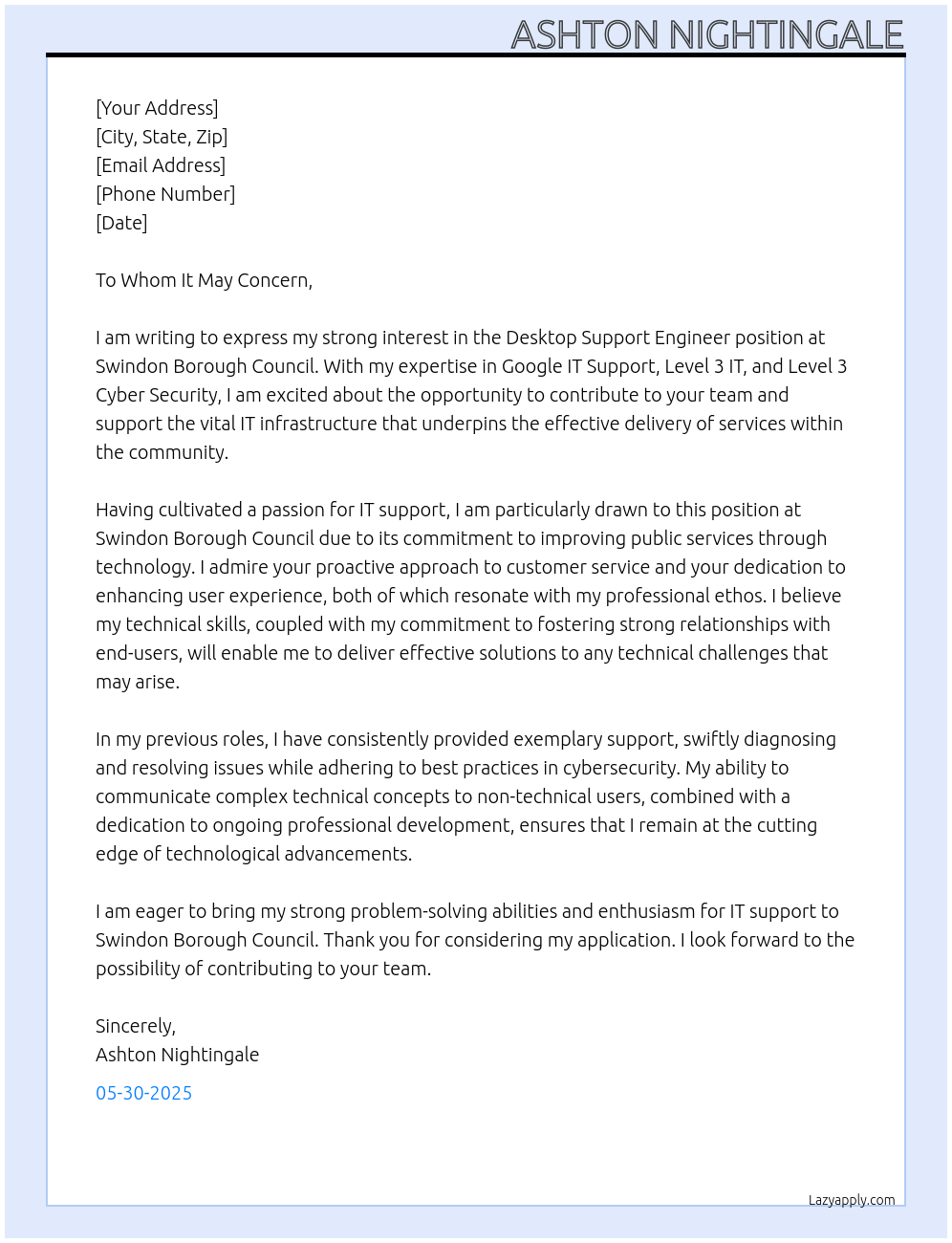 Desktop Support Engineer At Swindon Borough Council Cover Letter