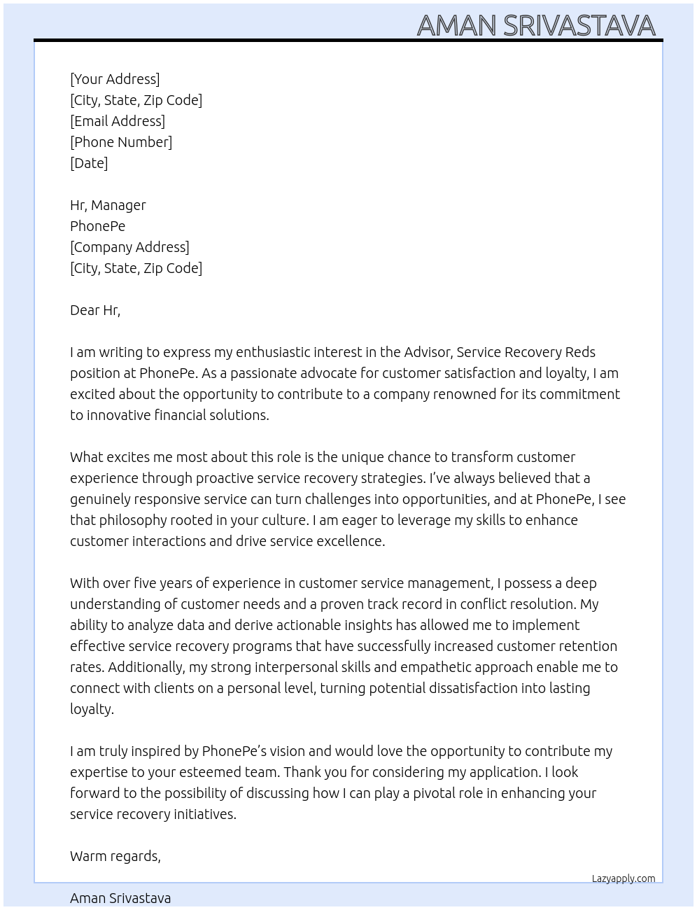 Advisor, Service Recovery Reds At Phone pe Cover Letter