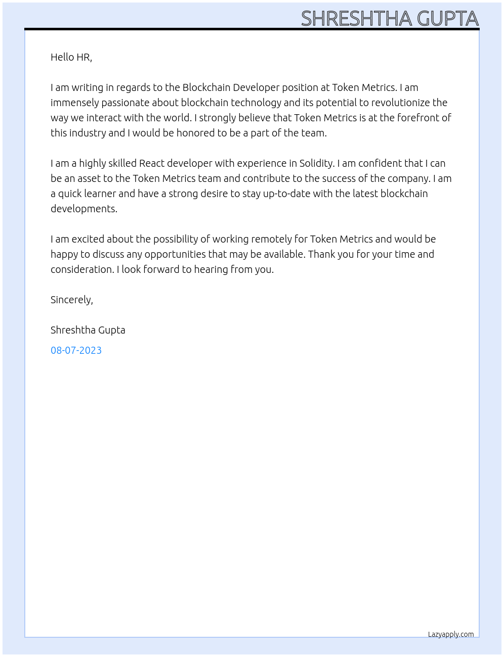 Blockchain Developer At Token Metrics Cover Letter