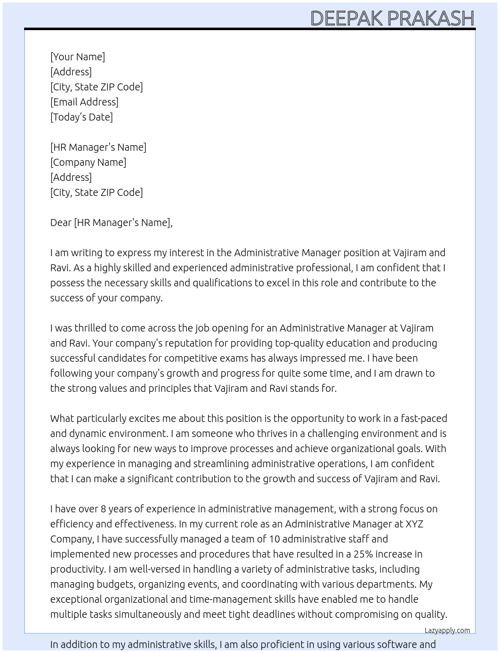 Administrative Manager At Vajiram and Ravi Cover Letter