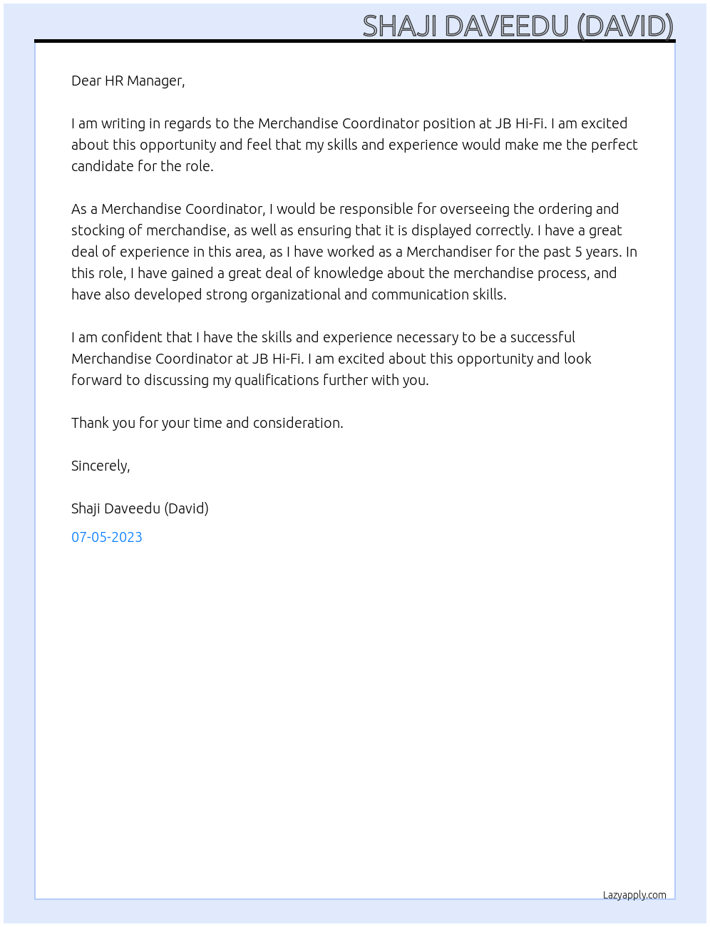 Merchandise Coordinator At JB Hi-Fi Cover Letter