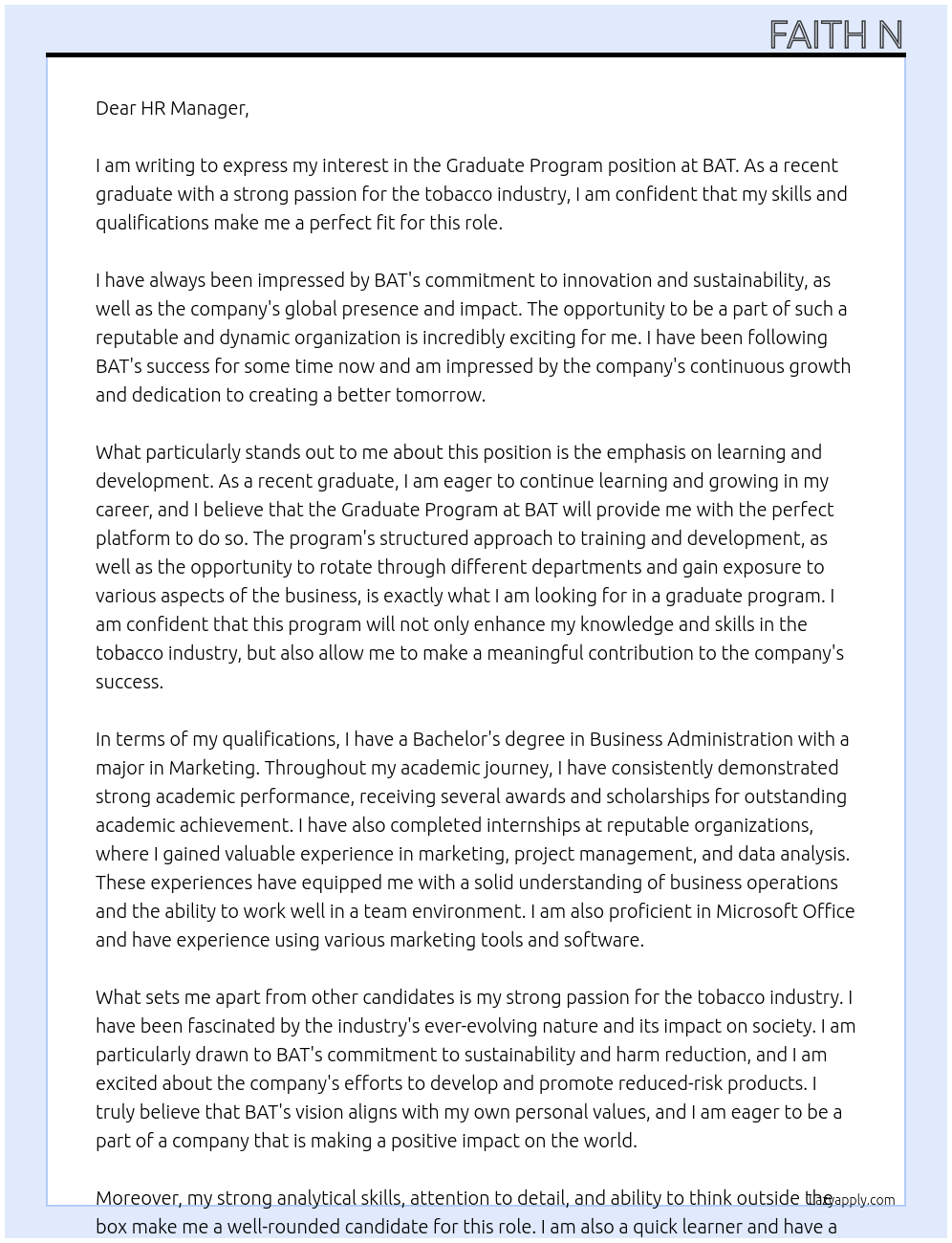Graduate Program At BAT Cover Letter