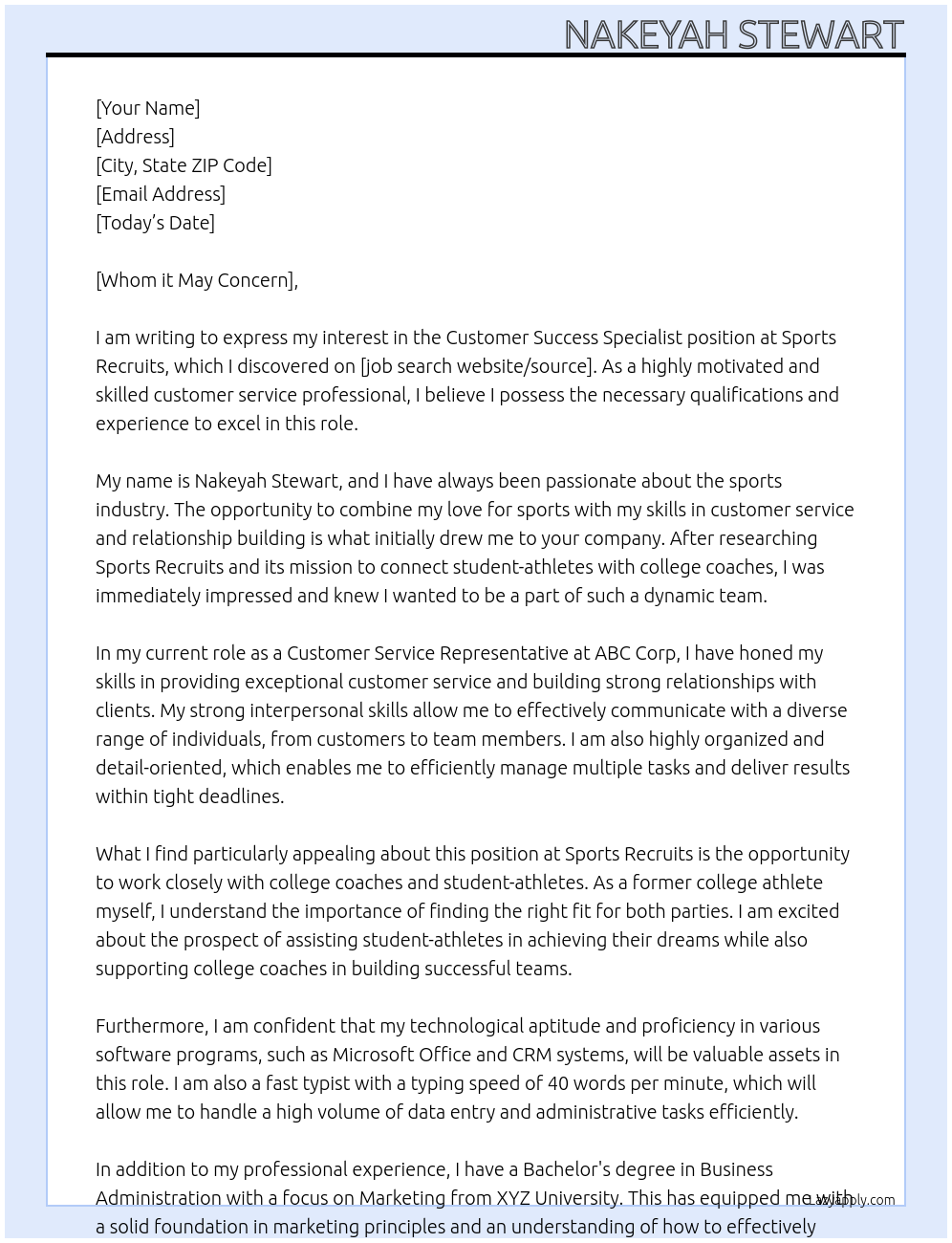 Customer Success Specialist At Sports Recruits Cover Letter