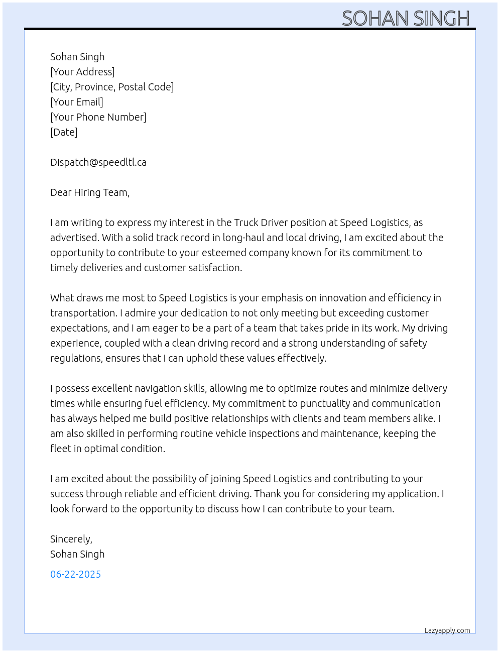 Truck driver At Speed logistics Cover Letter