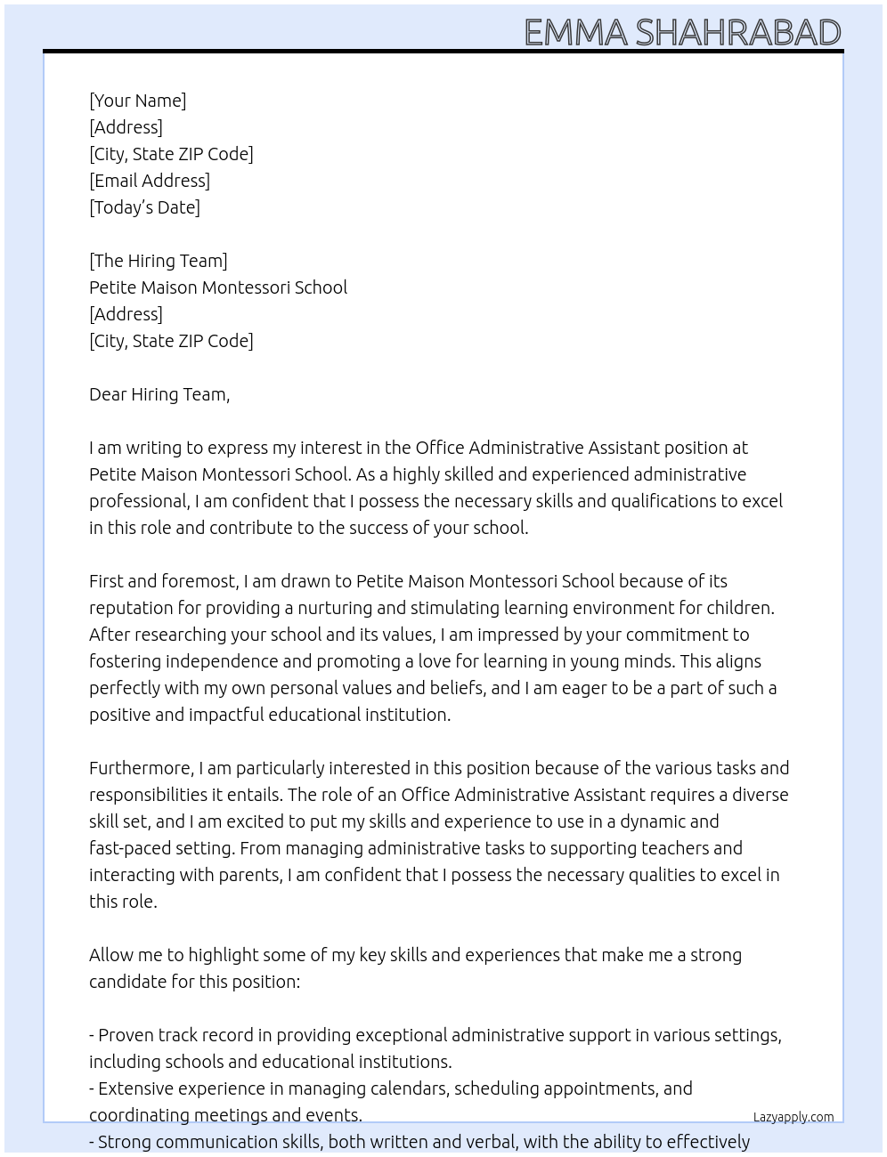 Office Administrative Assistant At Petite Maison Montessori School Cover Letter