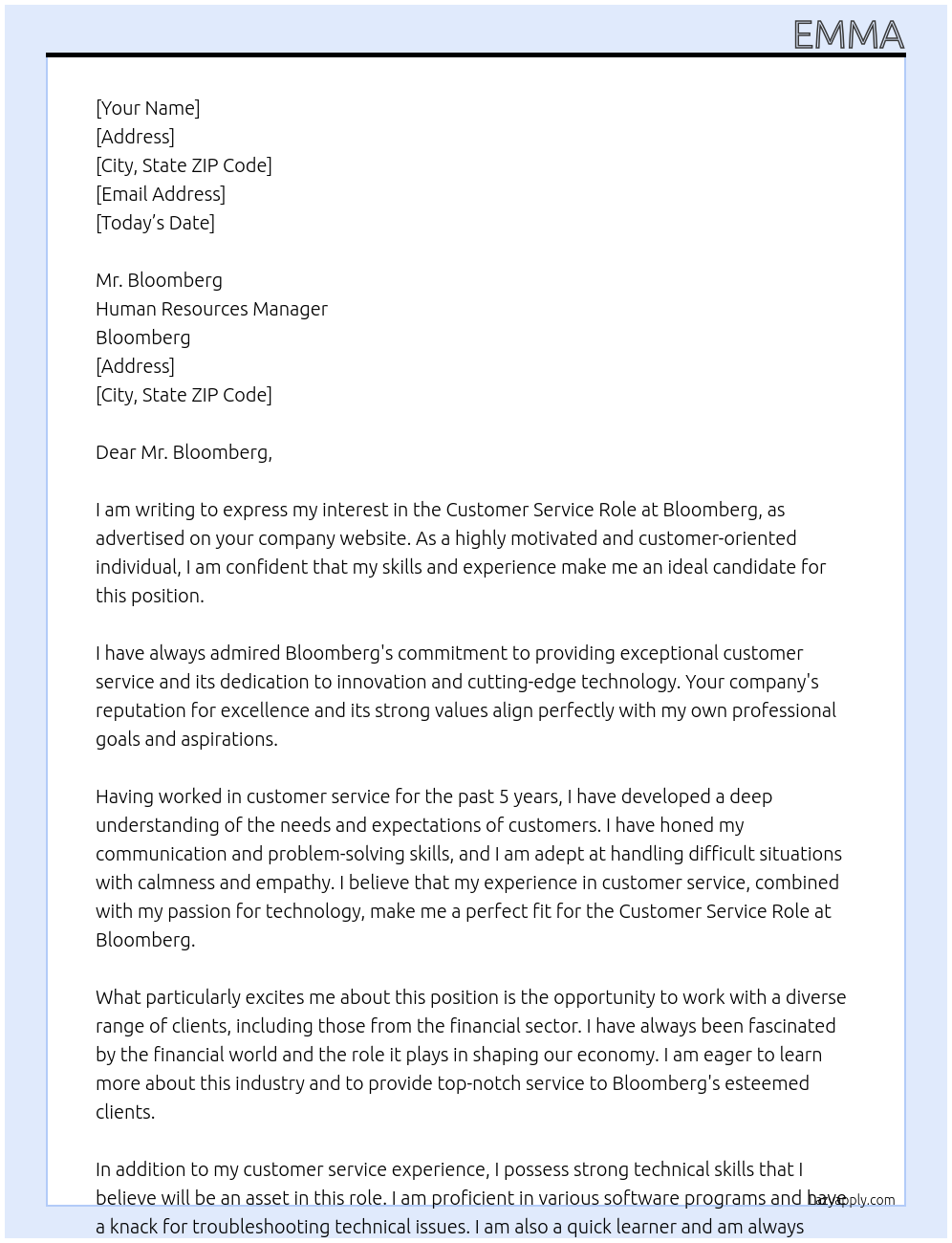 Customer Service Role At Bloomberg Cover Letter