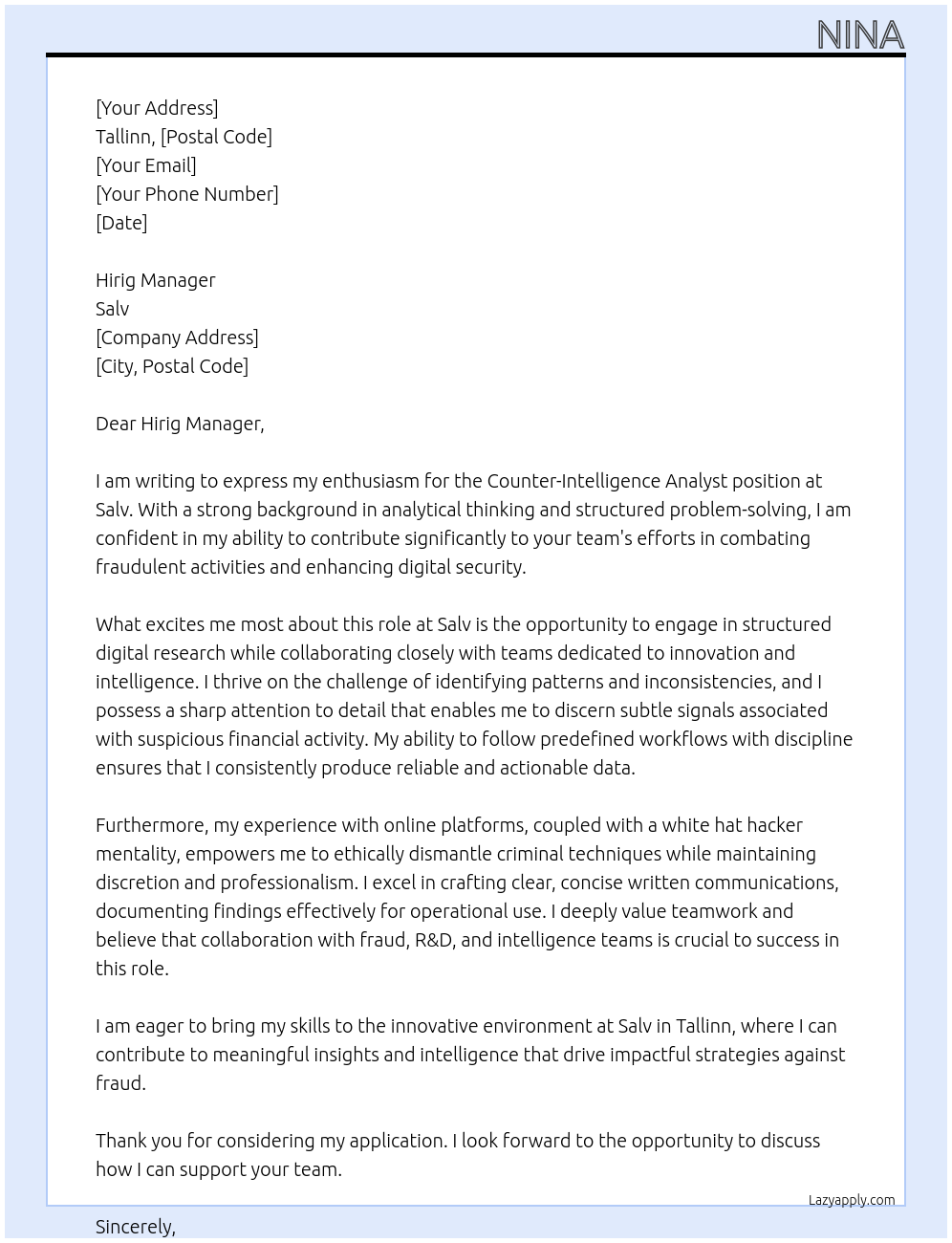 Cover letter for counter-intelligence analyst - LazyApply