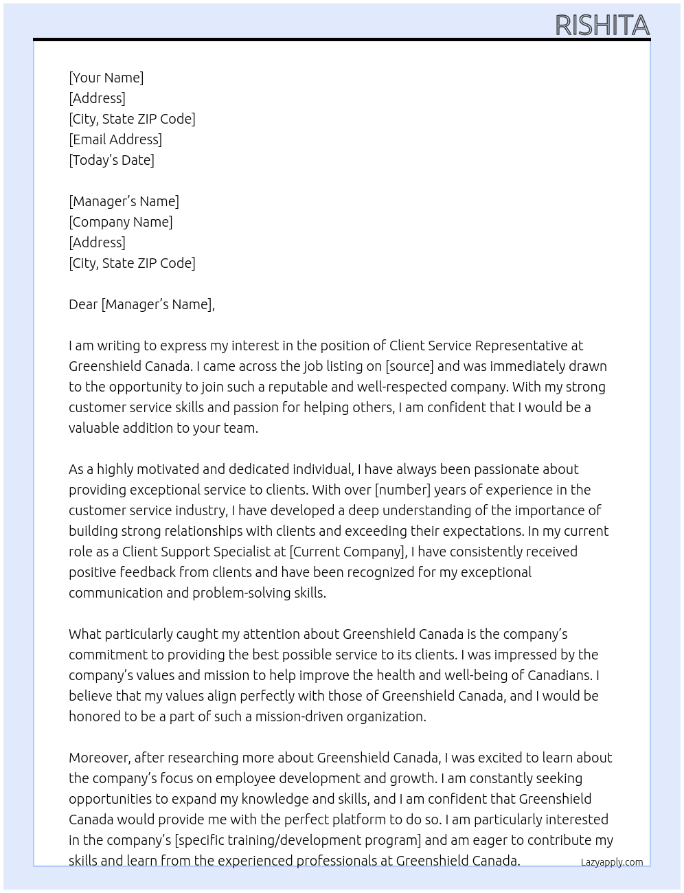 CLIENT SERVICE REPRESENTATIVE At greenshield canada Cover Letter