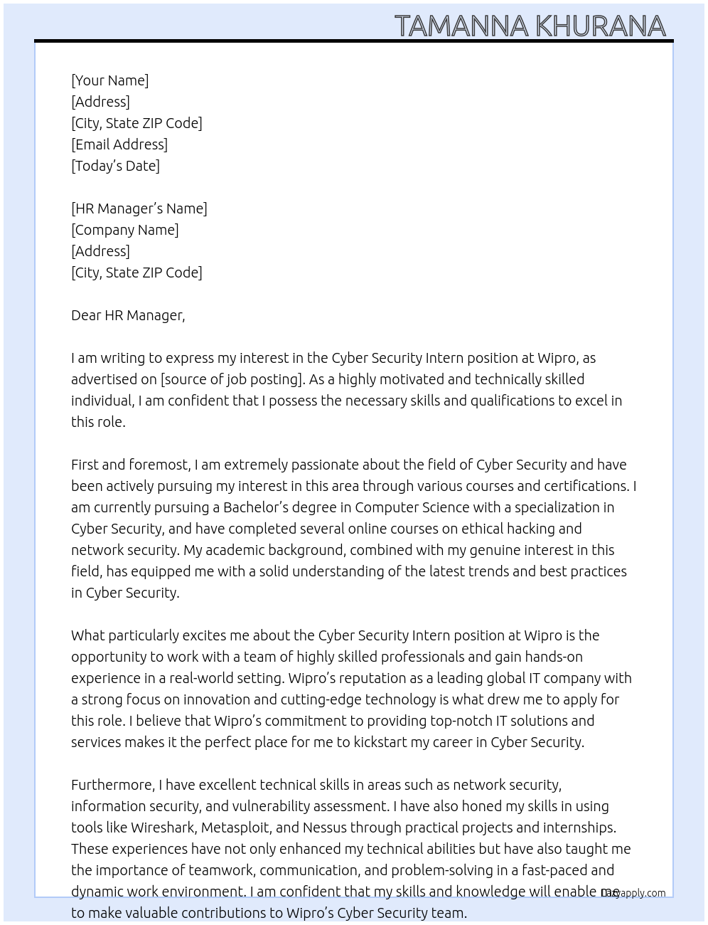 Cyber Security Intern At Wipro Cover Letter