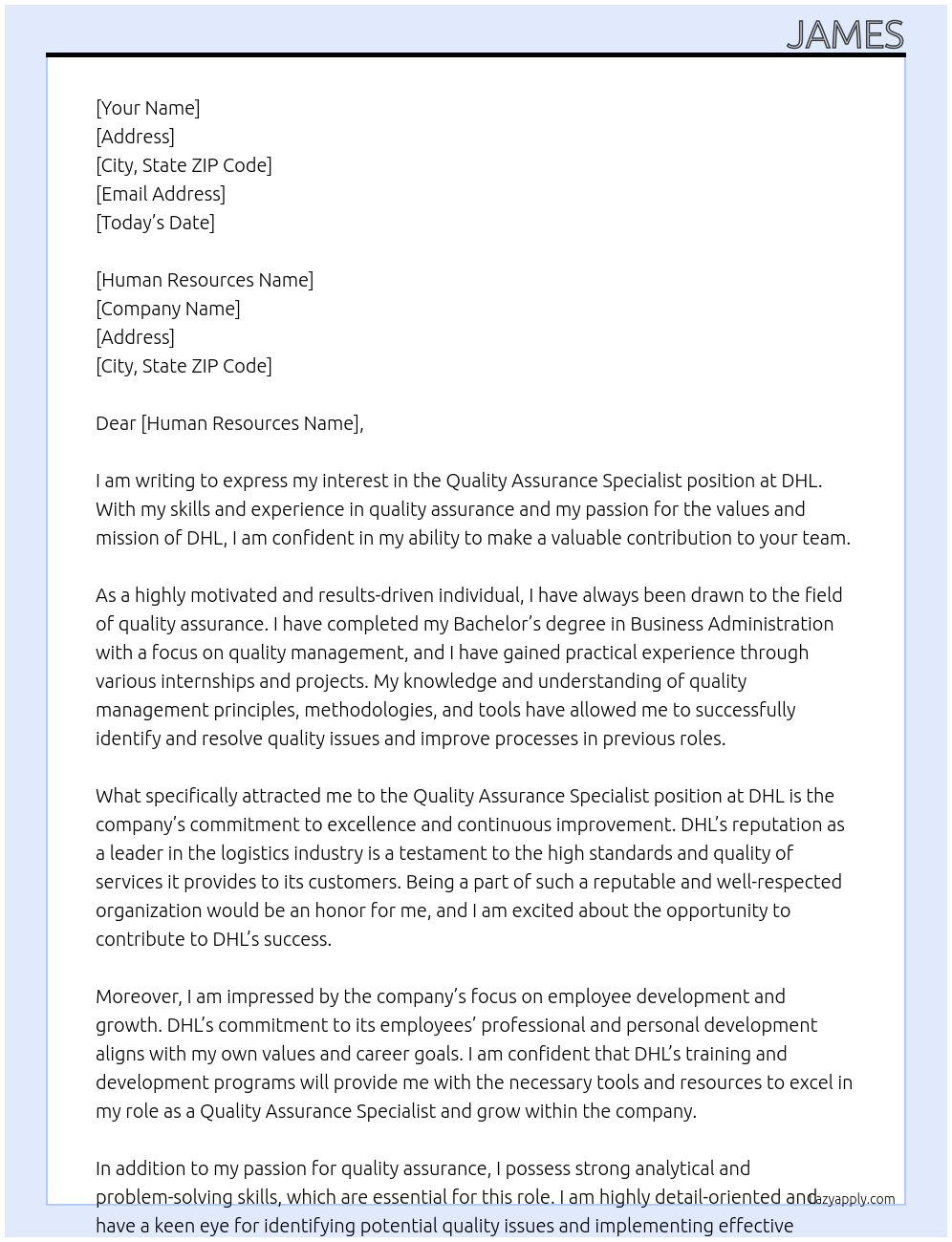 Quality Assurance Specialist At dhl Cover Letter