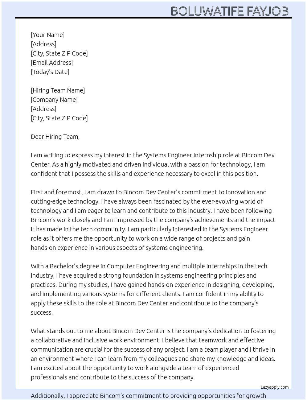 Systems engineer At Bincom dev center  Cover Letter