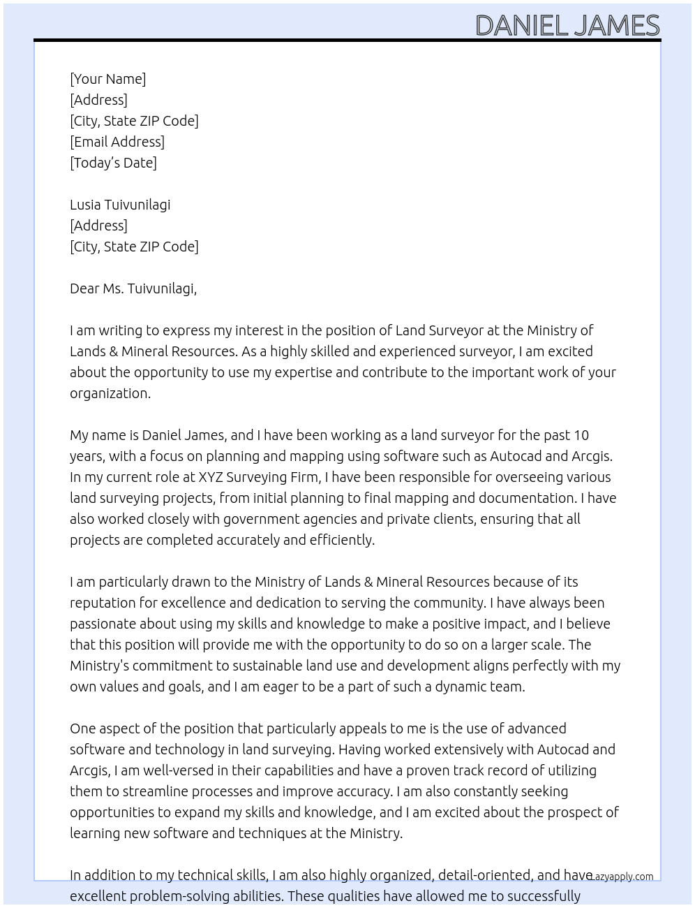 Land surveyor At Ministry of Lands & Mineral Resources Cover Letter