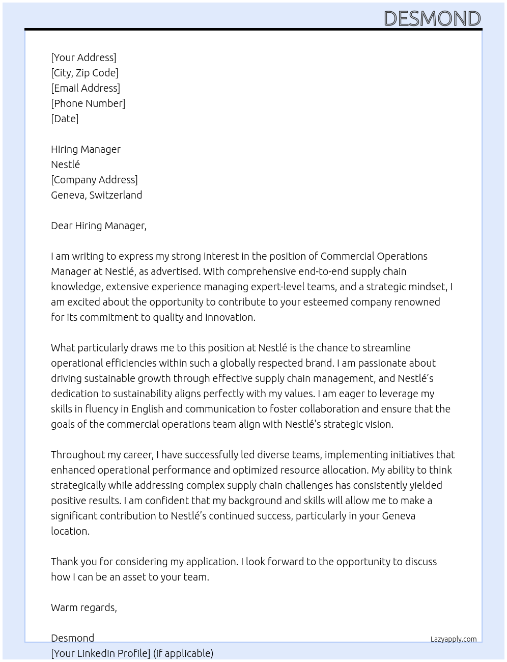 Commercial Operations Manager At Nestlé Cover Letter