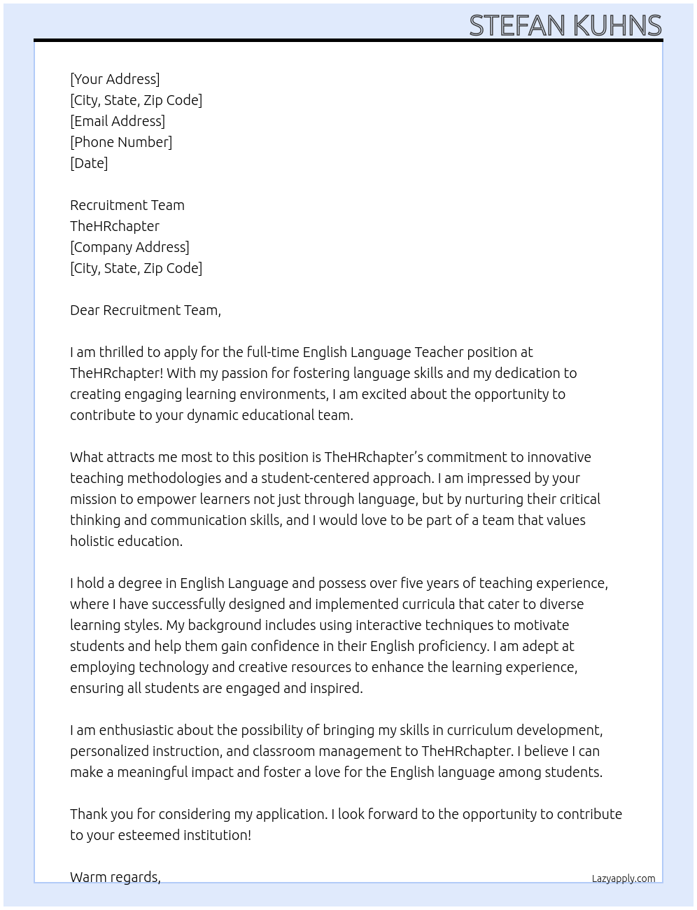 Cover letter for english language teacher - LazyApply