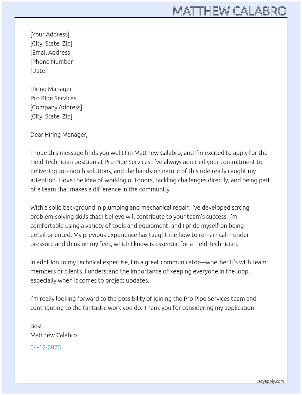Cover letter for field technician - LazyApply
