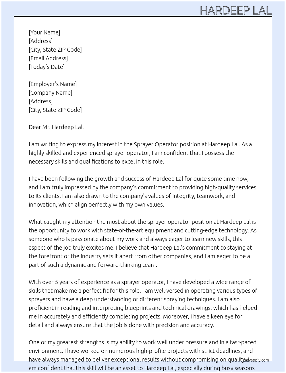 Sprayer operator  At Hardeep Lal Cover Letter