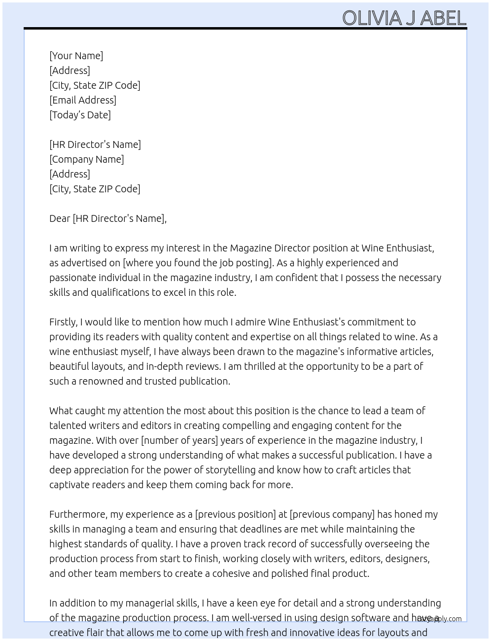 Magazine Director At Wine Enthusiast Cover Letter