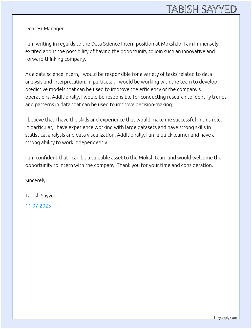 Data science intern At Moksh io Cover Letter
