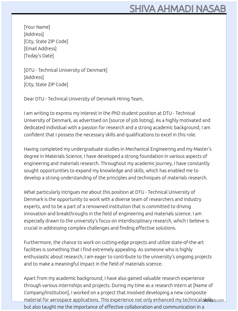 PhD student At DTU - Technical University of Denmark Cover Letter