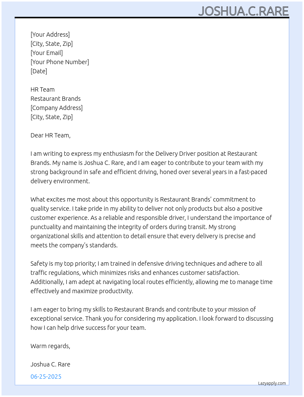 Delivery Driver At Restaurant Brands Cover Letter