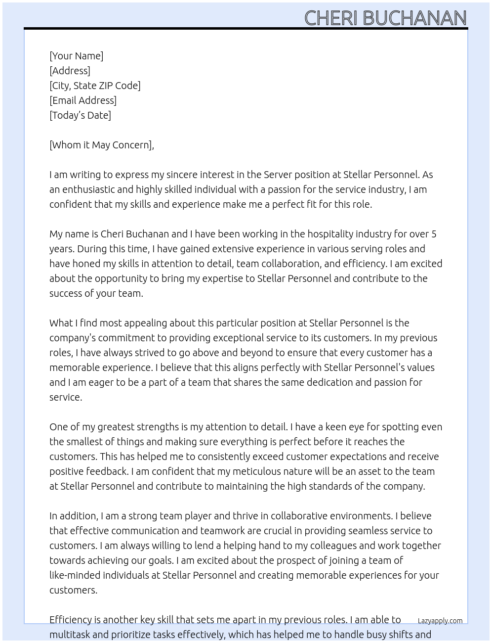 Server At Stellar Personnel Cover Letter