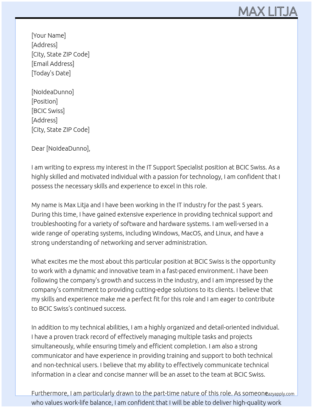 IT Support Specialist At BCIC Swiss Cover Letter