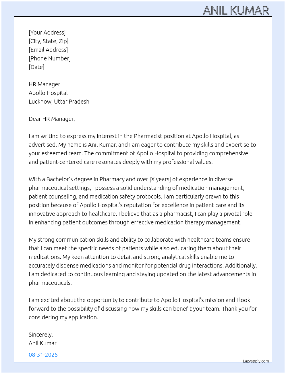 Pharmacist At Apollo hospital Lucknow uttar pradesh Cover Letter
