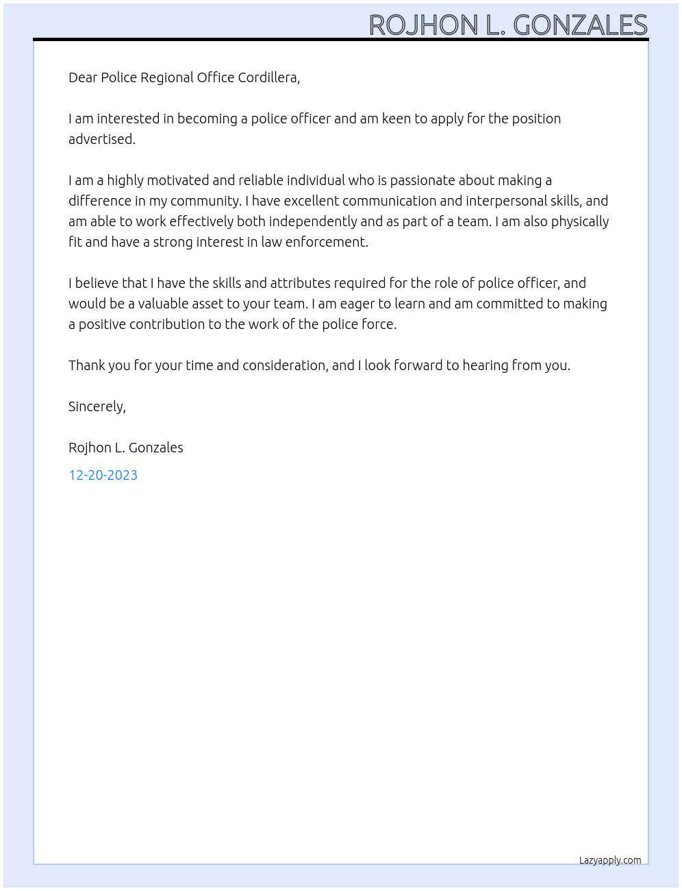 Police officer At Philippine National Police Cover Letter