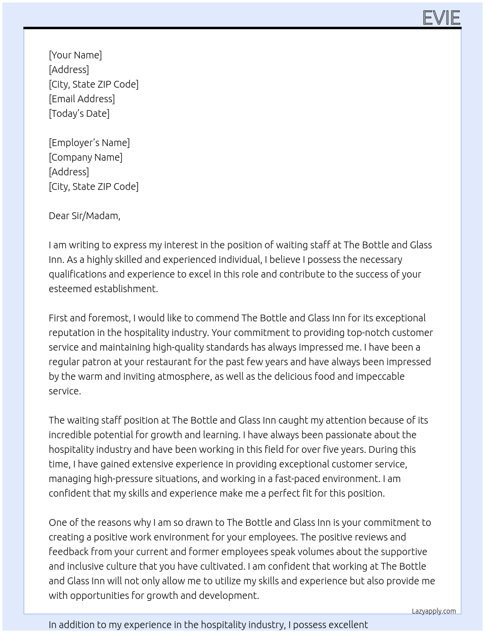 waiting staff At The bottle and Glass inn Cover Letter