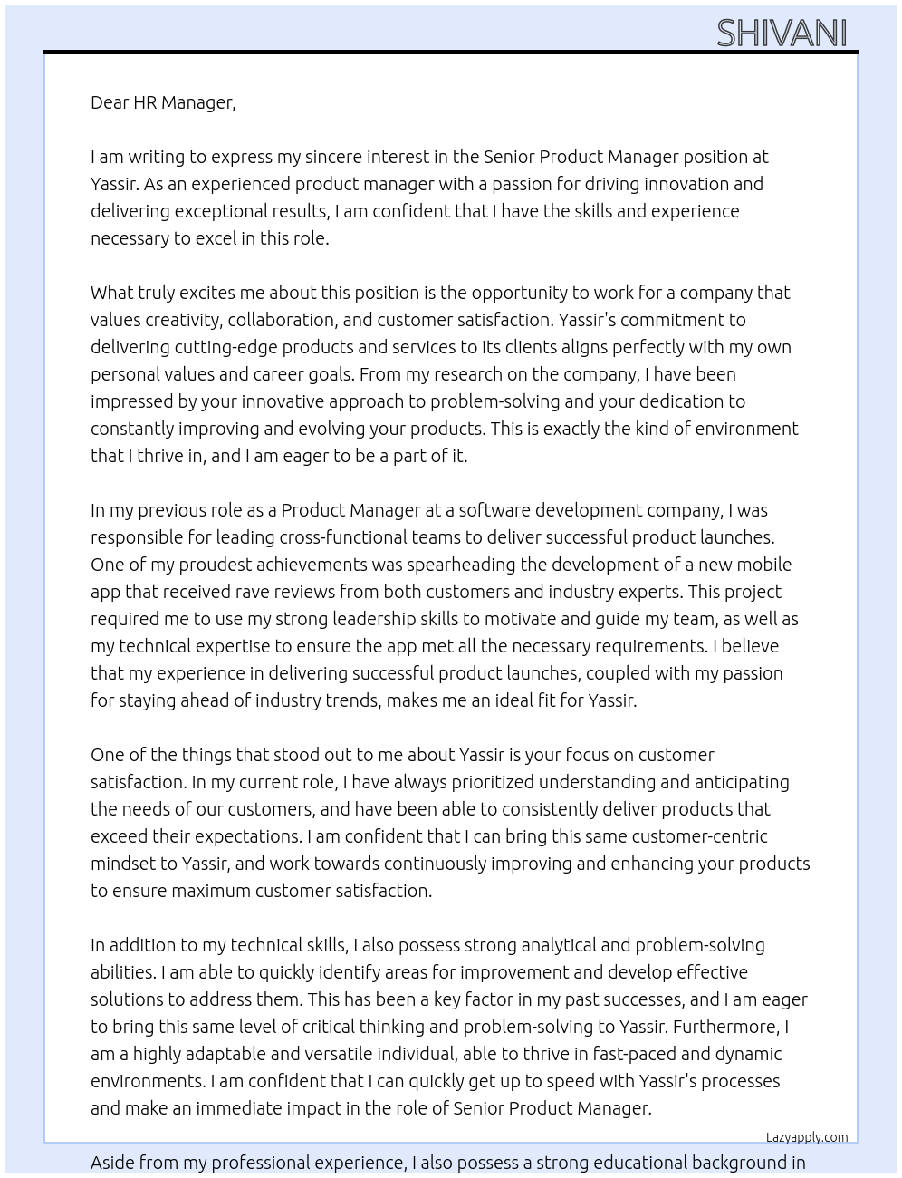 senior product manager At Yassir Cover Letter