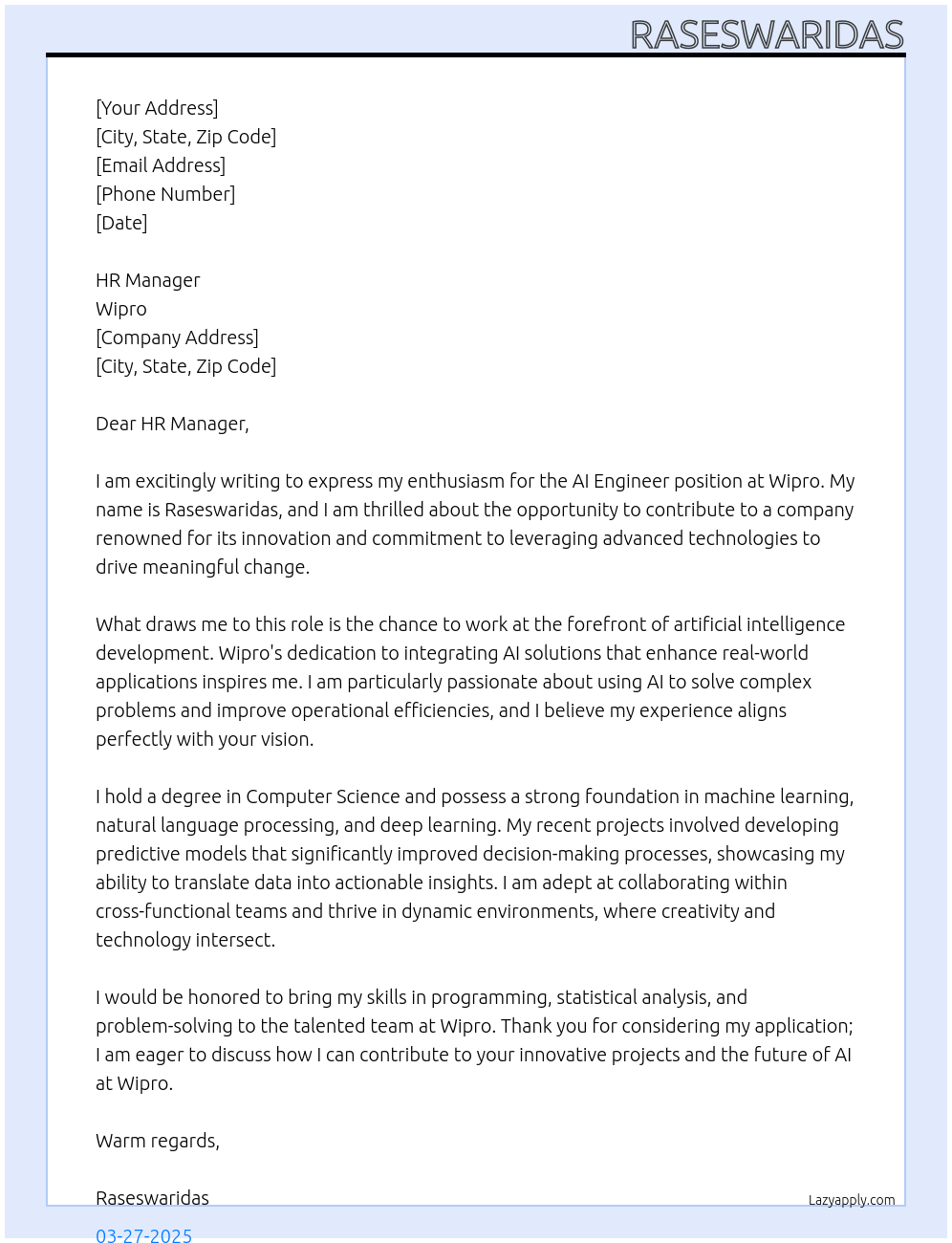 AI Engineer At Wipro Cover Letter