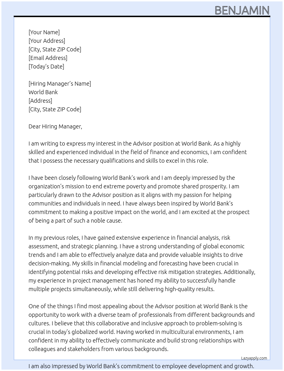 Advisor At World Bank Cover Letter