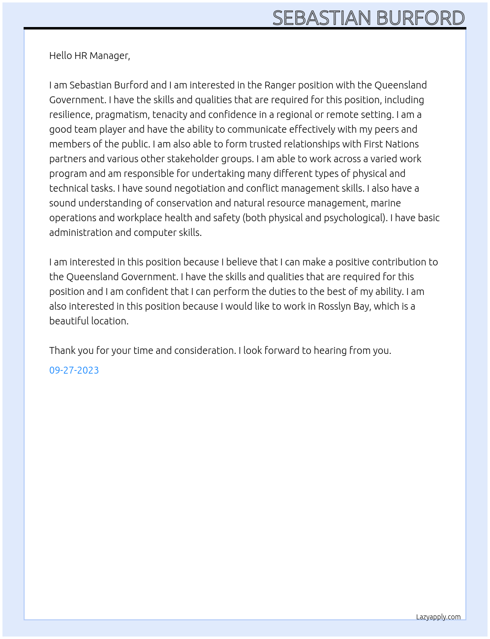 Ranger At Queensland Government Cover Letter