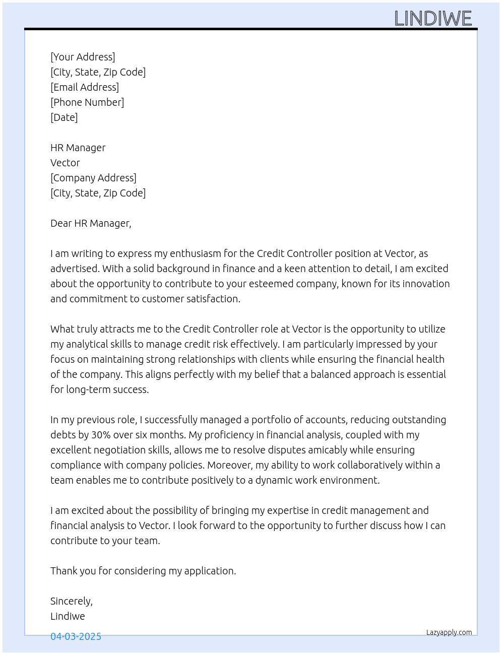 Credit controller At Vector Cover Letter