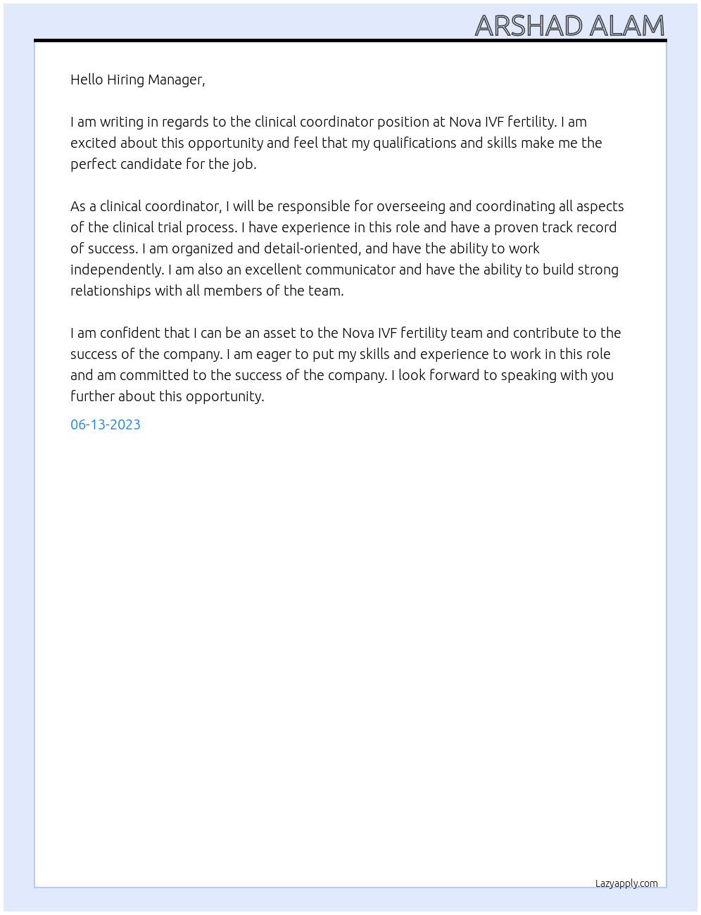 clinical coordinator At Nova IVF fertility Cover Letter
