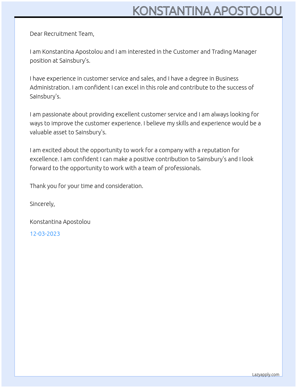 Customer and Trading Manager At Sainsbury's Cover Letter
