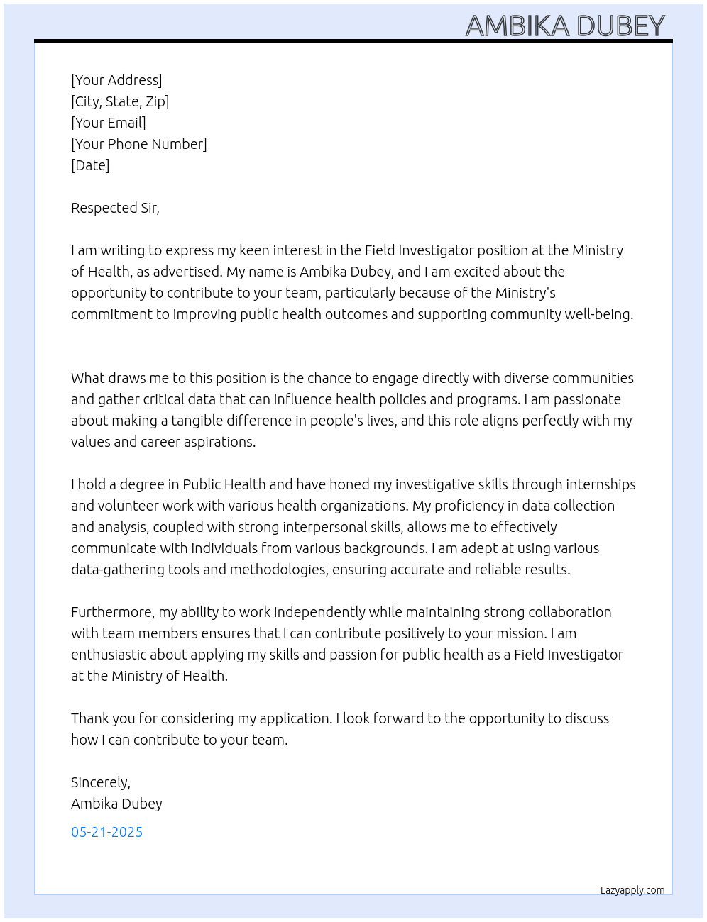 Field investigator At Ministry of health Cover Letter