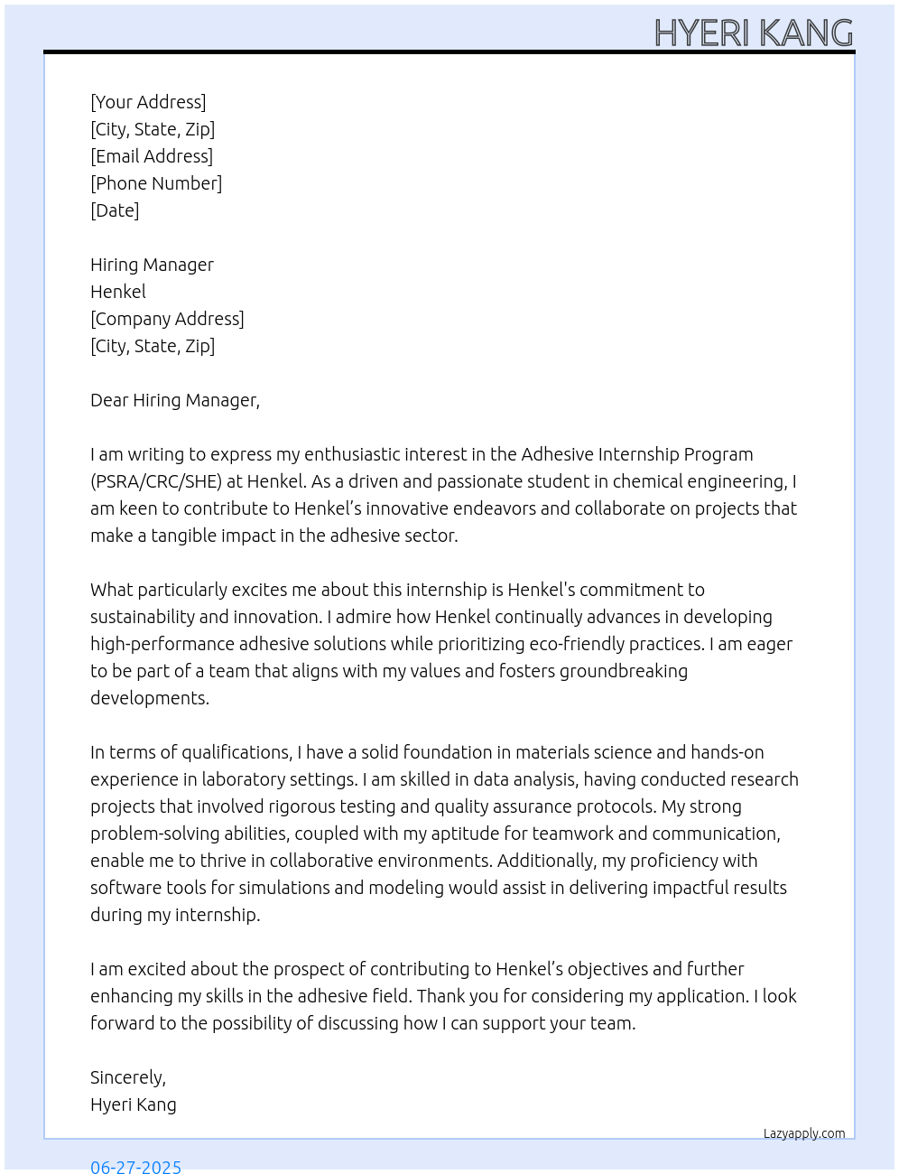 Adhesive Internship Program - PSRA/CRC/SHE At Henkel  Cover Letter
