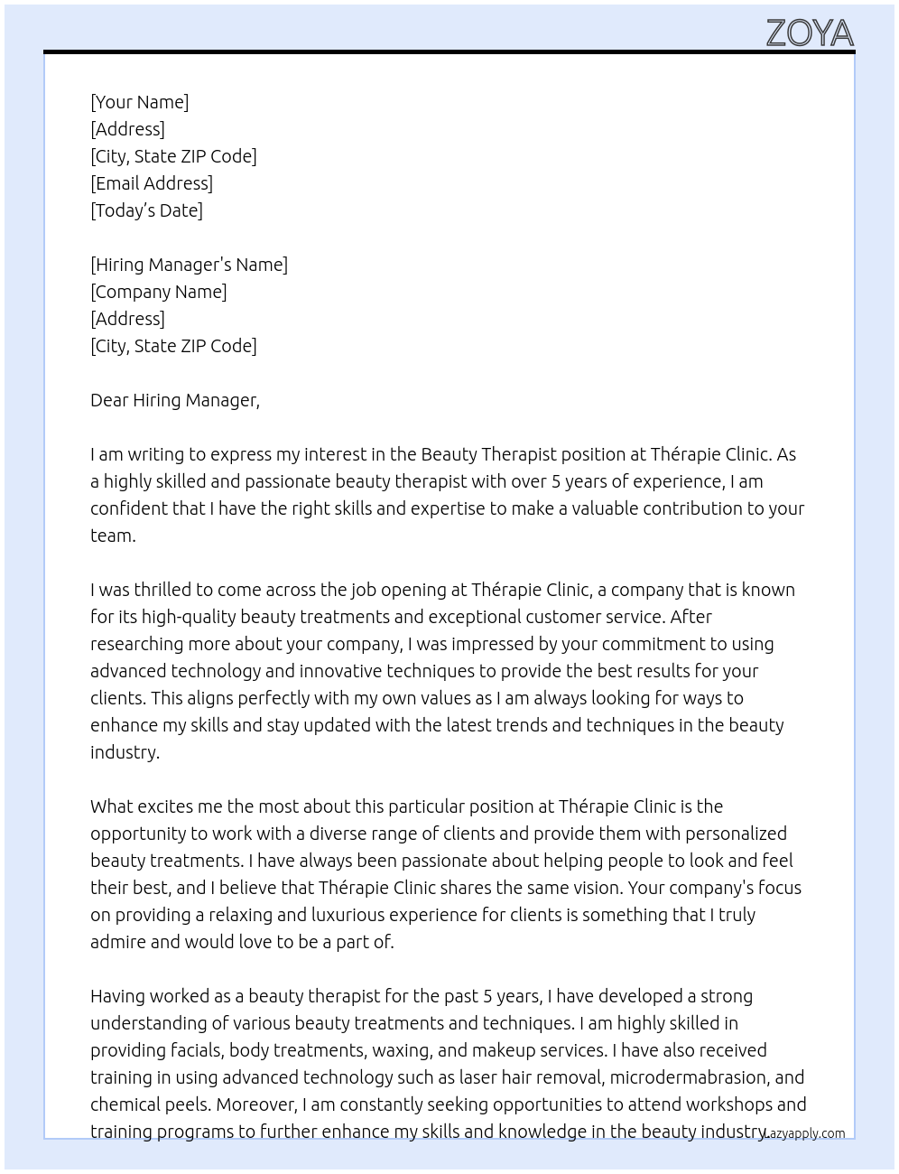 Beauty therapist At Thérapie clinic  Cover Letter