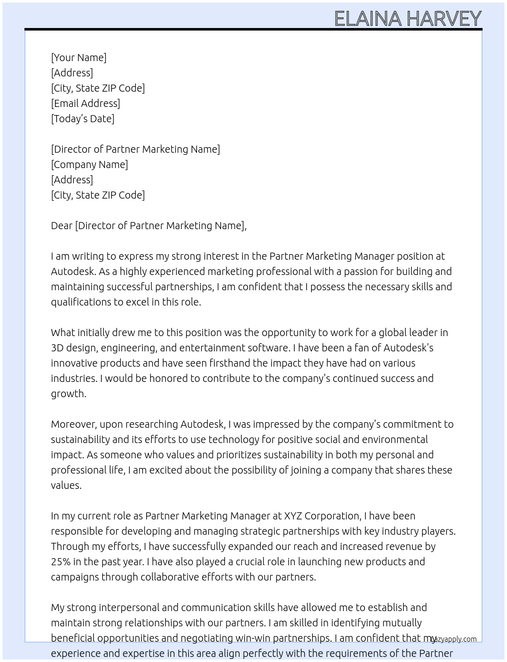 Partner Marketing Manager At Autodesk Cover Letter